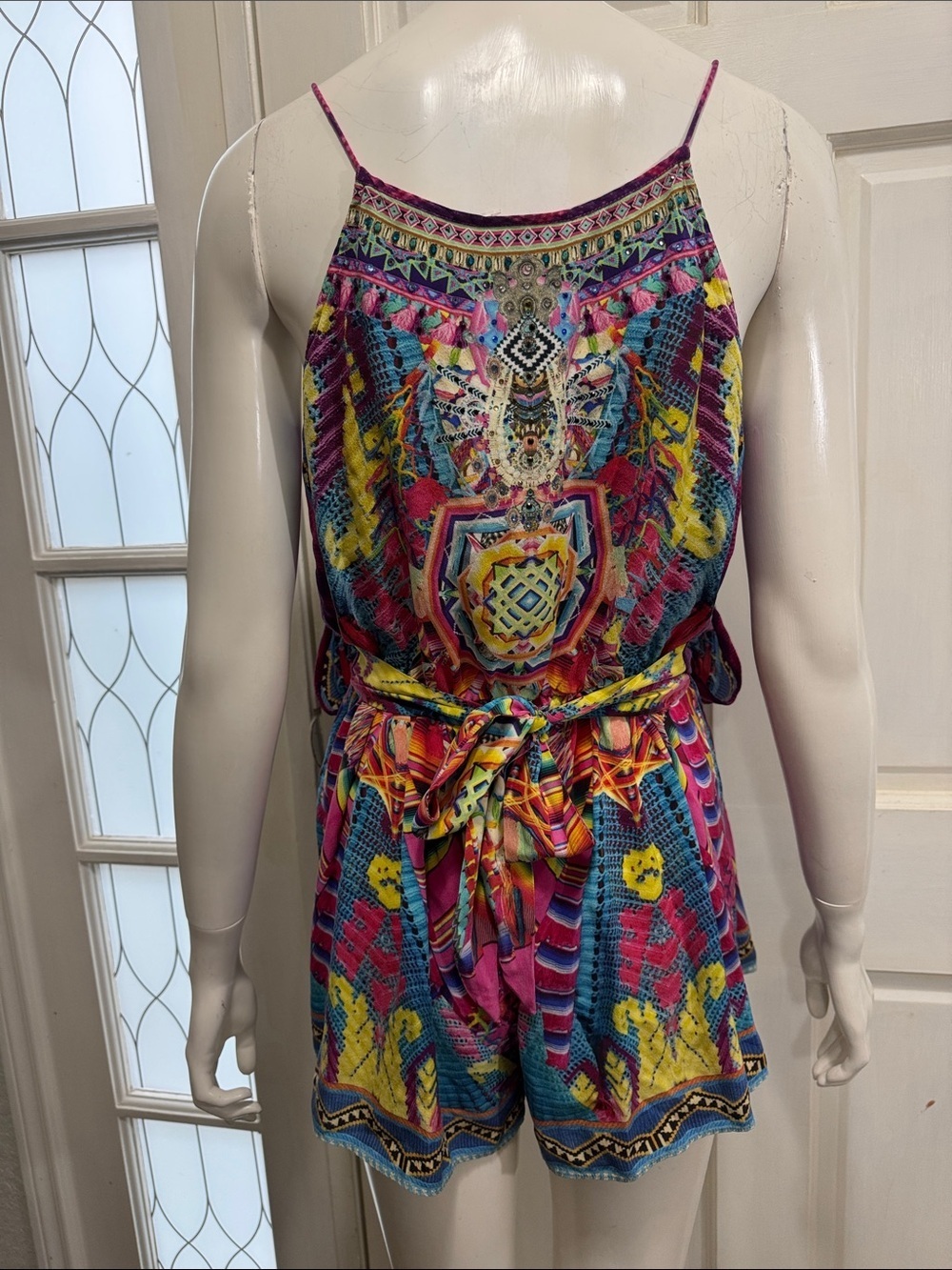 Camilla Pastel Floral Ikat Embroidered Top in Pink, Blue, Purple Size Medium - Picture 8 of 16